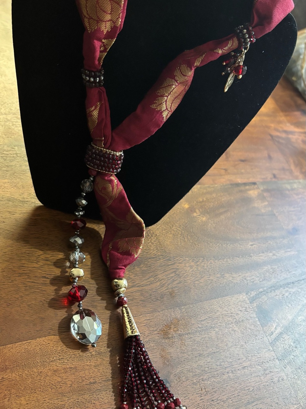 Chico's Red and Gold Beaded Tassel Scarf Necklace
